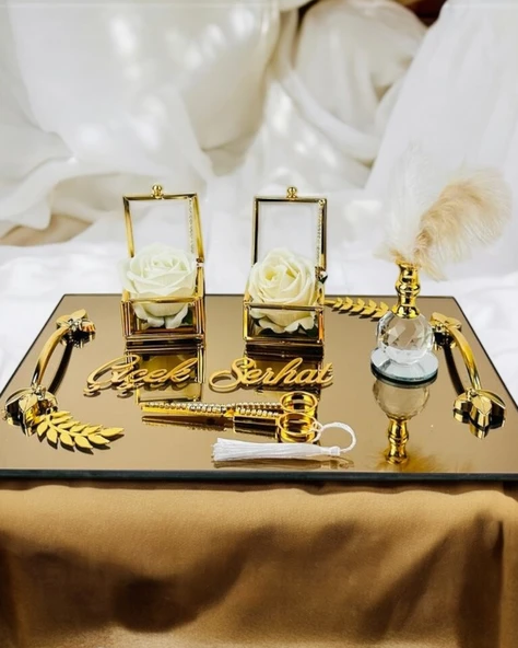 Cherish Gold Aynalı Nişan Tepsisi ve Söz Tepsisi  Beyaz - 2