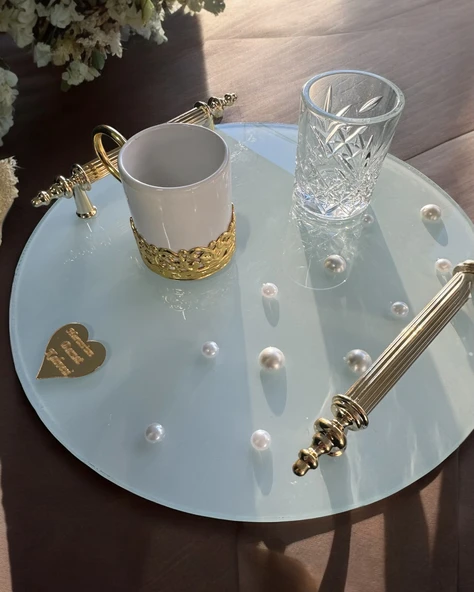 Beloved Gold Beyaz İncili Söz Tepsisi Nişan Tepsisi ve Damat Kahve Fincan Tepsisi  GRİ - 4