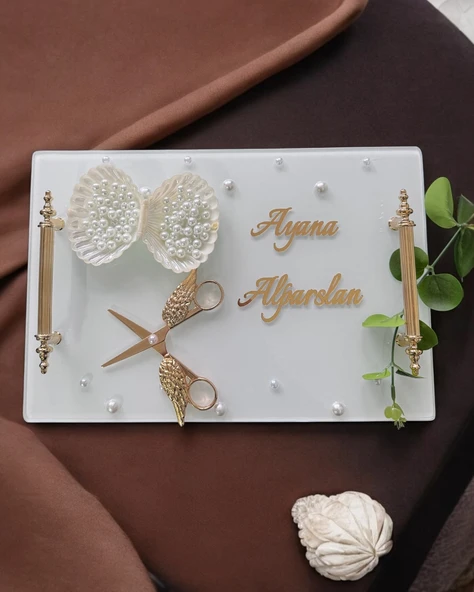 Bonding Gold Beyaz İncili Söz Tepsisi Nişan Tepsisi ve Damat Kahve Fincan Tepsisi  BORDO - 3
