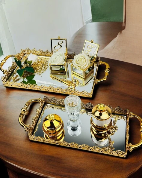 Eternal Gold Söz Nişan Tepsisi ve Damat Kahve Tepsisi Beyaz