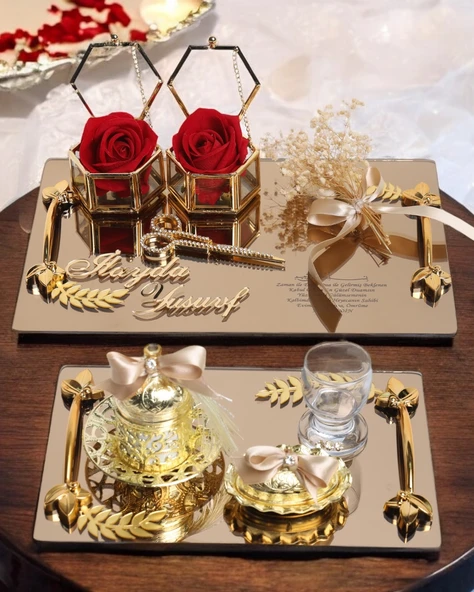 Harmony Söz Tepsisi ve Damat Kahve Fincan Tepsisi   gold
