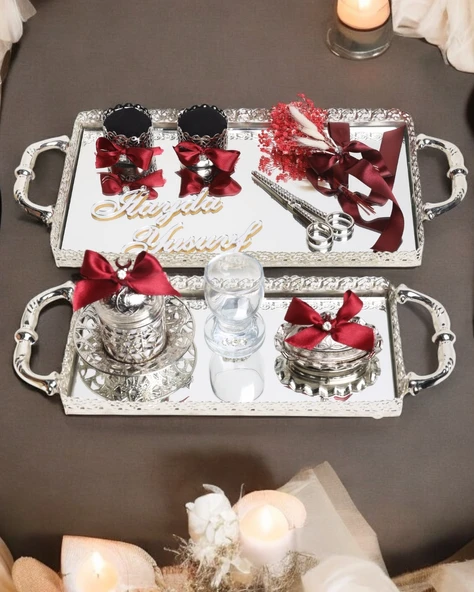 Affection Dantelli Gümüş Söz ve Nişan Tepsisi  Kırmızı ürün görseli 1