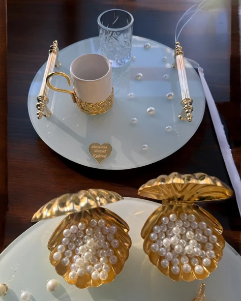 Beloved Gold Beyaz İncili Söz Tepsisi Nişan Tepsisi ve Damat Kahve Fincan Tepsisi  GRİ - 3