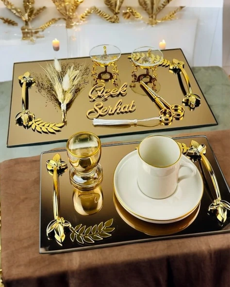 Cherish Gold Aynalı Nişan Tepsisi ve Söz Tepsisi mavi