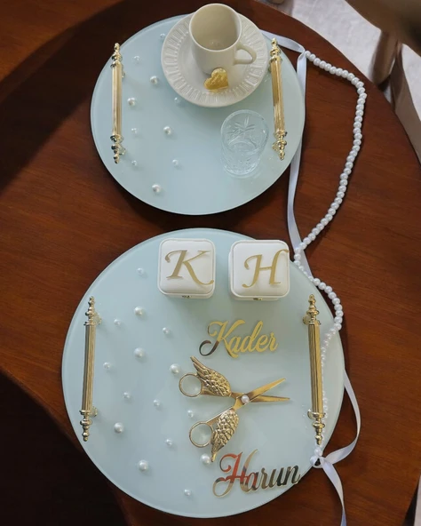 Beloved Gold Beyaz İncili Söz Tepsisi Nişan Tepsisi ve Damat Kahve Fincan Tepsisi  krem