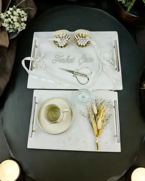 Gümüş Mermer Söz Tepsisi ve Damat Kahve Fincan Tepsisi  BRONZ