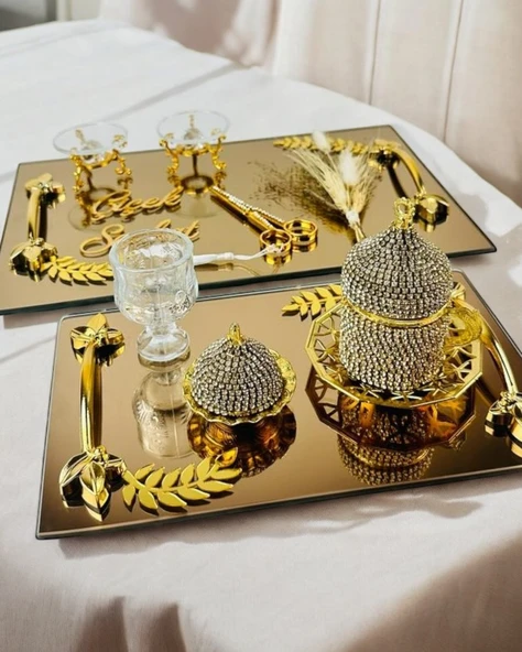 Cherish Gold Aynalı Nişan Tepsisi ve Söz Tepsisi  Siyah