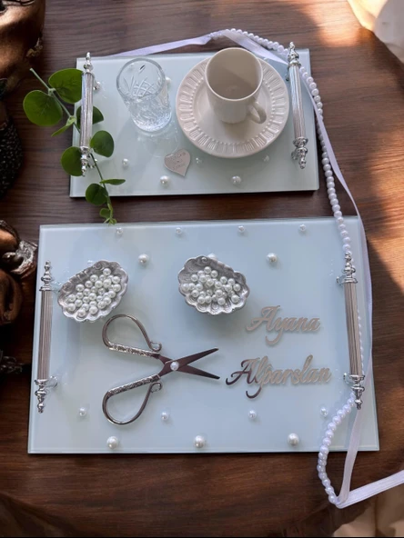 Bonding Gümüş Beyaz İncili Söz Tepsisi Nişan Tepsisi ve Damat Kahve Fincan Tepsisi  krem