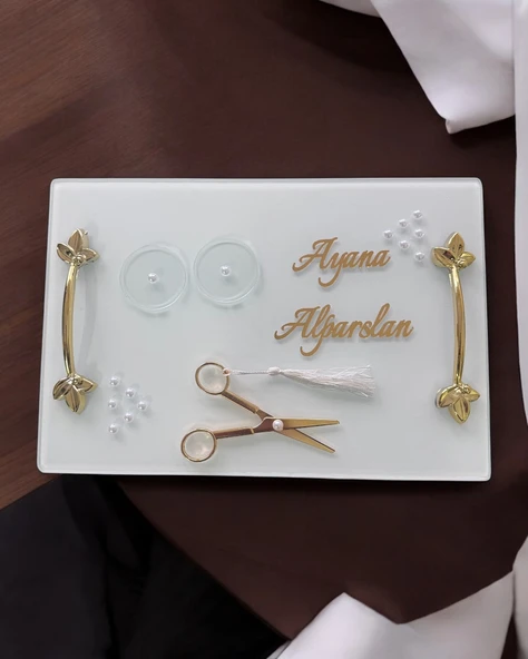 Adore Gold Beyaz İncili Söz Tepsisi Nişan Tepsisi ve Damat Kahve Fincan Tepsisi  Pembe - 3