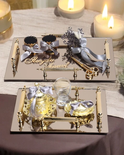 Gold Ayna 4 Kulplu Dikdörtgen Söz Nişan Tepsisi ve Damat Kahve Fincan Tepsisi  GRİ