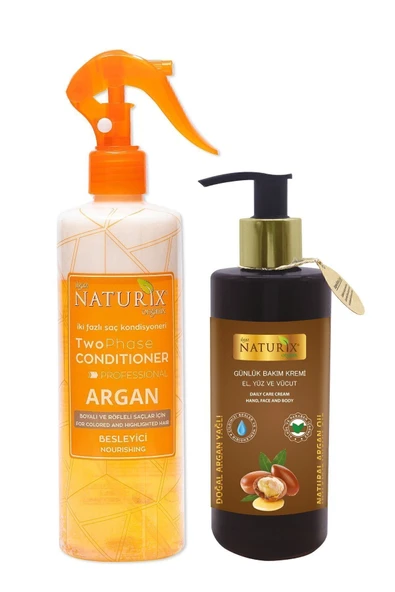 Argan İki Fazlı Fön Suyu 400 Ml & Argan Yağlı El, Yüz ve Vücut Kremi 250 Ml - 2'li Bakım Seti