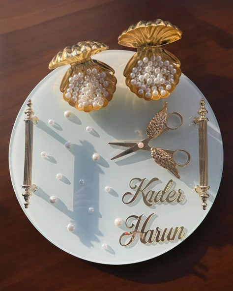 Beloved Gold Beyaz İncili Söz Tepsisi Nişan Tepsisi ve Damat Kahve Fincan Tepsisi  GRİ - 2