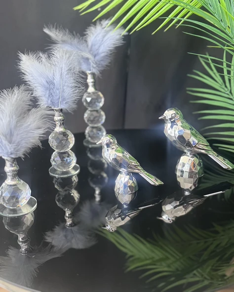 Cascade Dekoratif Gümüş Kuş ve Tüylük GRİ