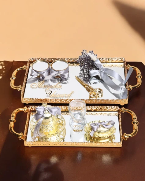 Affection Dantelli Gold Söz Nişan Tepsi Seti  GRİ