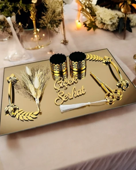 Cherish Gold Aynalı Nişan Tepsisi ve Söz Tepsisi krem - 3