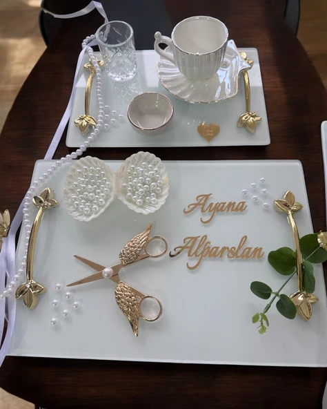 Adore Gold Beyaz İncili Söz Tepsisi Nişan Tepsisi ve Damat Kahve Fincan Tepsisi  BORDO - 3