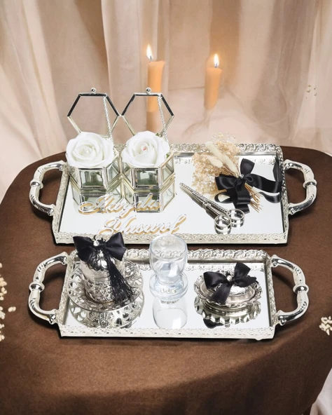 Affection Dantelli Gümüş Söz Nişan Tepsisi ve Damat Kahve Fincan Tepsisi  Siyah