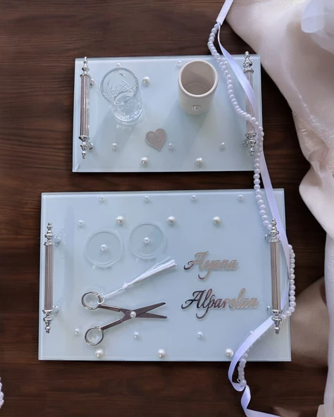 Bonding Gümüş Beyaz İncili Söz Tepsisi Nişan Tepsisi ve Damat Kahve Fincan Tepsisi  BORDO