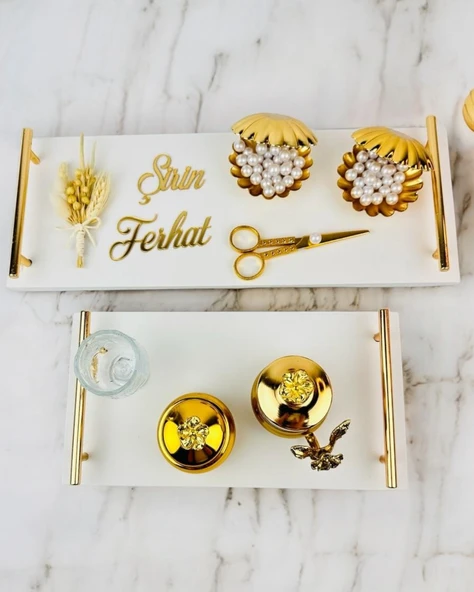 Bond Gold Söz ve Mermer Nişan Tepsisi Beyaz