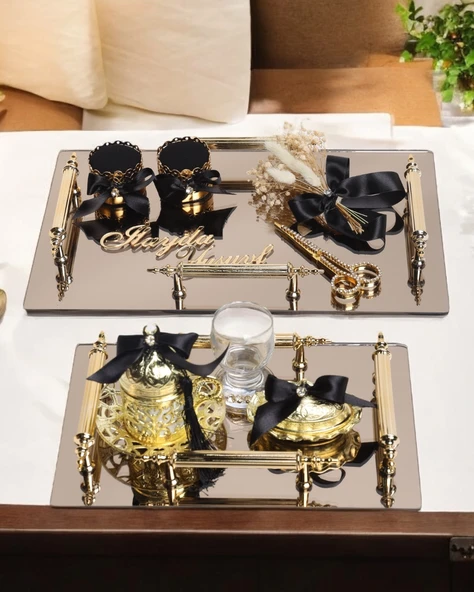 Gold Ayna 4 Kulplu Dikdörtgen Söz Nişan Tepsisi ve Damat Kahve Fincan Tepsisi  Siyah