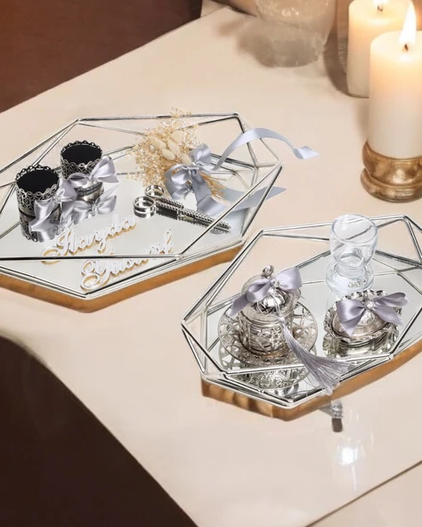 Elation Gümüş Prizma Söz Nişan Tepsisi ve Damat Kahve Fincan Tepsileri  GRİ