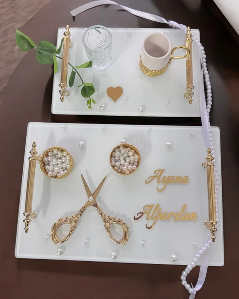 Bonding Gold Beyaz İncili Söz Tepsisi Nişan Tepsisi ve Damat Kahve Fincan Tepsisi  Kırmızı