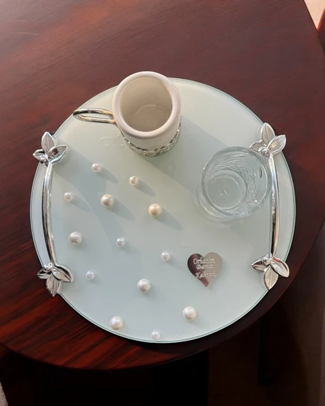 Beloved Gümüş Beyaz İncili Söz Tepsisi Nişan Tepsisi ve Damat Kahve Fincan Tepsisi  krem - 3