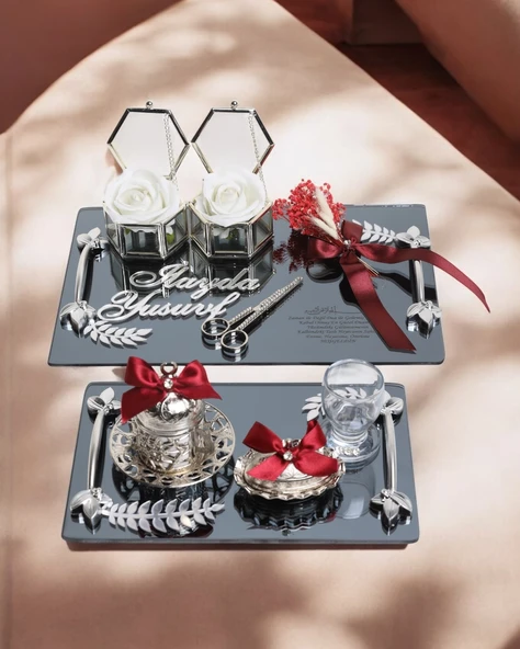 Harmony Gümüş Söz ve Nişan Tepsisi Damat Fincan Kahve Tepsisi  Kırmızı