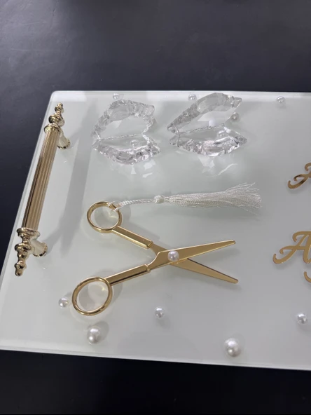 Bonding Gold Beyaz İncili Söz Tepsisi Nişan Tepsisi ve Damat Kahve Fincan Tepsisi  Beyaz - 2