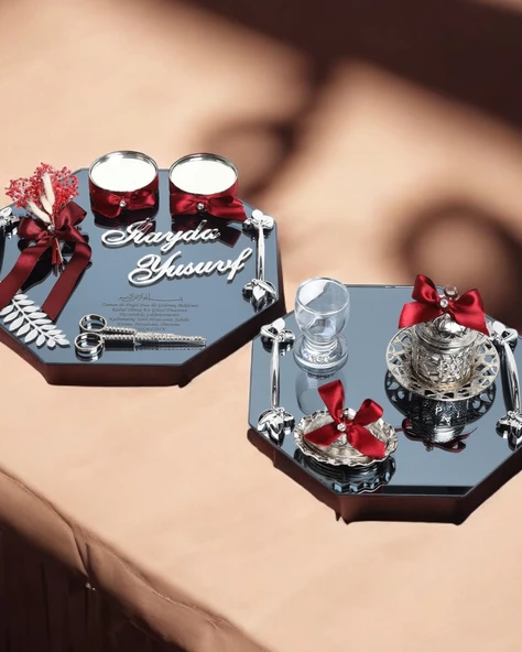 Affinity Sekizgen Gümüş Söz Nişan Tepsisi ve Damat Kahve Fincan Tepsi Seti  Kırmızı