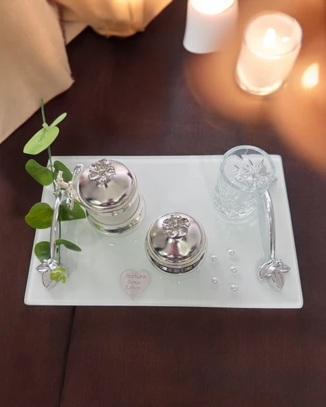 Adore Gümüş Beyaz İncili Söz Tepsisi Nişan Tepsisi ve Damat Kahve Fincan Tepsisi  Kırmızı - 5