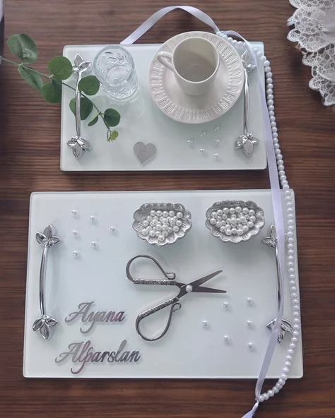 Adore Gümüş Beyaz İncili Söz Tepsisi Nişan Tepsisi ve Damat Kahve Fincan Tepsisi  Mor
