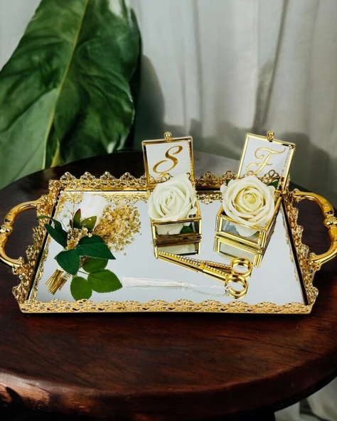 Eternal Gold Söz Nişan Tepsisi ve Damat Kahve Tepsisi Beyaz - 3