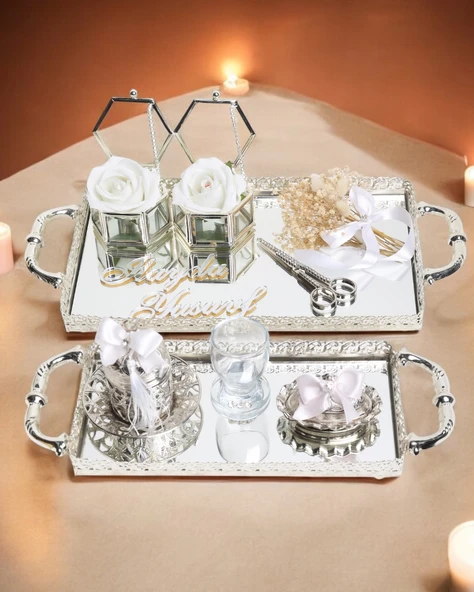 Affection Dantelli Gümüş Söz Nişan Tepsisi ve Damat Kahve Fincan Tepsisi  Beyaz