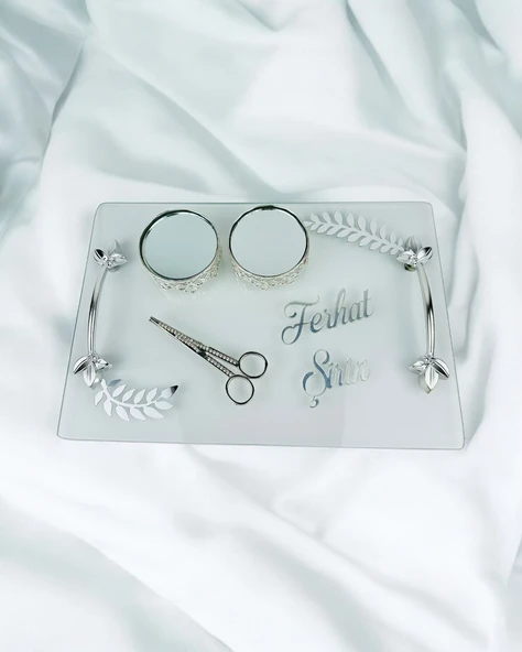 Admire Şeffaf Nişan Tepsisi ve Damat Kahve Fincan Tepsisi  Beyaz - 2