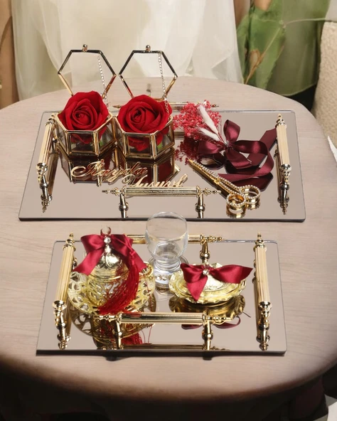 Reverence Gold Söz Tepsisi ve Damat Tepsisi Seti  Kırmızı