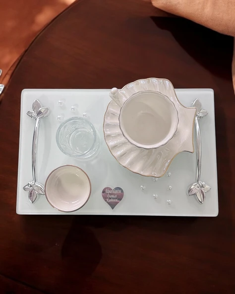 Adore Gümüş Beyaz İncili Söz Tepsisi Nişan Tepsisi ve Damat Kahve Fincan Tepsisi  Pembe - 3