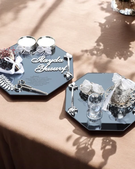 Affinity Sekizgen Gümüş Söz Nişan Tepsisi ve Damat Kahve Fincan Tepsi Seti  krem