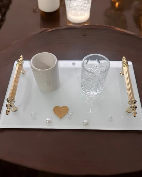Bonding Gold Beyaz İncili Söz Tepsisi Nişan Tepsisi ve Damat Kahve Fincan Tepsisi  mavi - 3