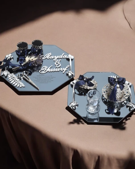 Affinity Sekizgen Gümüş Söz ve Nişan Tepsisi ile Damat Kahve Fincan Tepsisi  lacivert