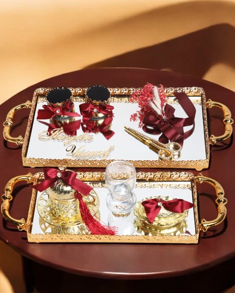 Affection Dantelli Gold Söz Nişan Tepsisi  Kırmızı