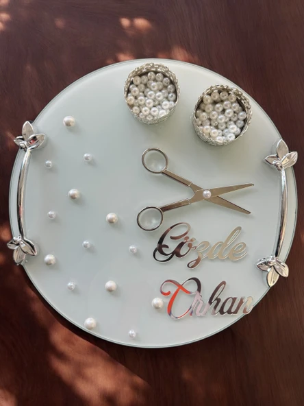 Beloved Gümüş Beyaz İncili Söz Tepsisi Nişan Tepsisi ve Damat Kahve Fincan Tepsisi  krem - 2