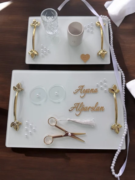 Adore Gold Beyaz İncili Söz Tepsisi Nişan Tepsisi ve Damat Kahve Fincan Tepsisi  Pembe