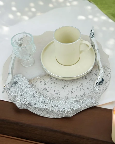 Enchant Gümüş Polyester Söz Tepsisi ve Damat Kahve Fincan Tepsisi   gümüş - 5