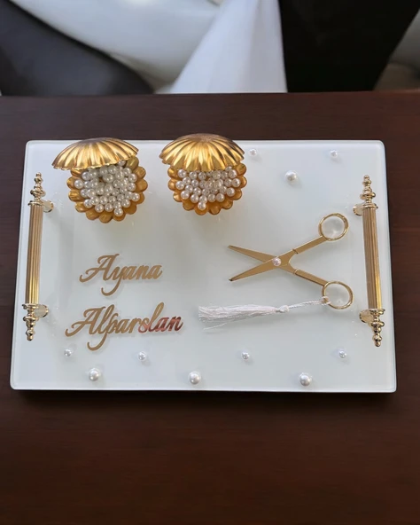 Bonding Gold Beyaz İncili Söz Tepsisi Nişan Tepsisi ve Damat Kahve Fincan Tepsisi  Mor - 2