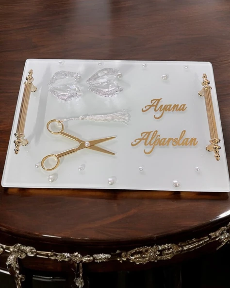 Bonding Gold Beyaz İncili Söz Tepsisi Nişan Tepsisi ve Damat Kahve Fincan Tepsisi  Beyaz - 3