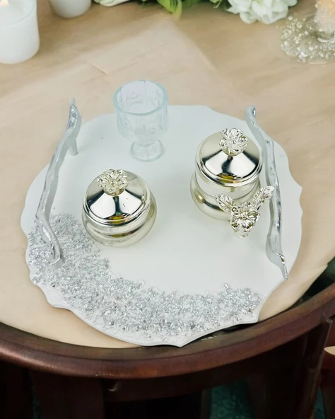 Enchant Gümüş Polyester Söz Tepsisi ve Damat Kahve Fincan Tepsisi   Kırmızı - 2