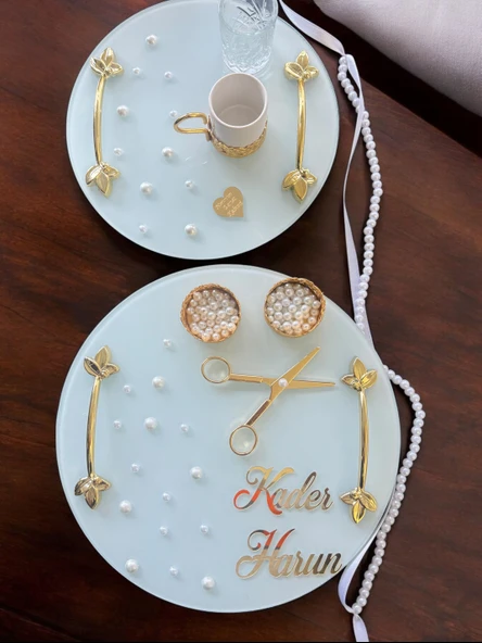 Beloved Gold Beyaz İncili Söz Tepsisi Nişan Tepsisi ve Damat Kahve Fincan Tepsi Seti  Beyaz