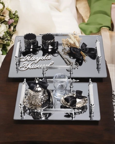Reverence  4 Kulp Söz Tepsisi ve Gümüş Nişan Tepsi Seti  Siyah