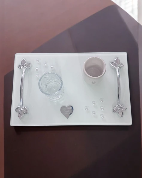 Adore Gümüş Beyaz İncili Söz Tepsisi Nişan Tepsisi ve Damat Kahve Fincan Tepsisi  mavi - 3